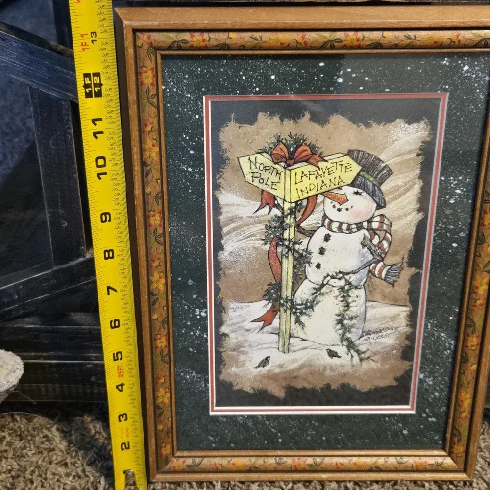 Marilyn‎ B Gerst Snowman Signpost Framed Christmas Print Hand Painted Indiana